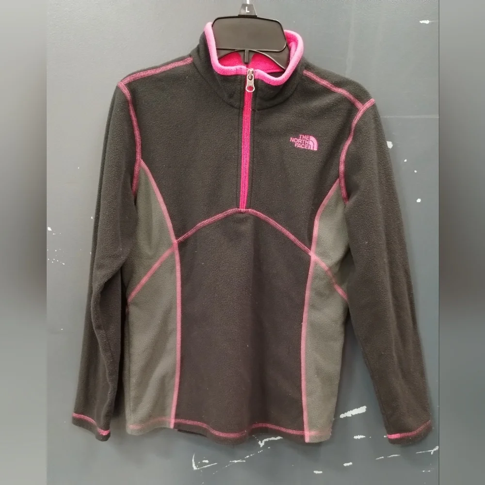 The North Face 1/4 Zip Fleece Pull Over sweater Girls L Black & Pink Lightweight - Picture 2 of 13